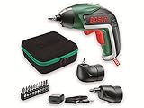 Bosch Akkuschrauber IXO Set (Winkelaufsatz und Exzenteraufsatz, 10 Bits, USB-Ladegerät, Metalldose, 3,6 Volt, 1,5 Ah)