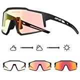 KAPVOE Photochromatische Selbsttönend Fahrradbrille TR90 Rahmen für Herren Damen Klar Sportsonnenbrille Sport Radfahren MTB Radbrille Sportbrille Fahren Baseball Laufen Rot Schwarz 01