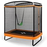 GYMAX 2 in 1 Trampolin, Freizeittrampolin mit Schaukel & Sicherheitsnetz, Kindertrampolin, Gartentrampolin bis 100kg belastbar, Outdoor-Trampolin für Kinder ab 3 Jahren, 190x122x210 cm (Orange)