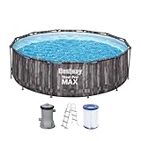 Bestway Steel Pro MAX Frame Pool-Set mit Filterpumpe Ø 366 x 100 cm, Holz-Optik (Mooreiche), rund