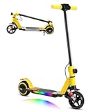 scoot4kids Elektroroller für Kinder, 6-12 Jahre, 130W, 14 km/h Höchstgeschwindigkeit, 8km Reichweite, Bunte LED-Leuchten, Faltbares, E-Scooter für Jungen und Madchen, Geschenk für Kinder (Gelb)