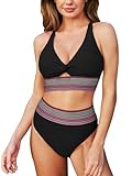 CUPSHE Damen Bikini Set V Ausschnitt Twisted High Waist Sport Bikini Bademode Farbige Wellenmuster Zweiteiliger Badeanzug Swimsuit Schwarz L