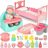 deAO Baby Puppen mit Lebensechten Funktion, 33cm Badepuppe mit Strampler Puppenbadewanne Bett Sitz, Kann Trinken und PIPI Machen, 31 Teile Spielpuppe mit Zubehör Geschenkset für Kinder ab 3 Jahren