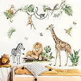 decalmile Wandtattoo Dschungel Tiere Reben Wandaufkleber Giraffe Löwe Zebra Safari Blätter Wandsticker Kinderzimmer Babyzimmer Schlafzimmer Wanddeko (XXL)