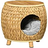 Pawhut Katzenhöhle aus Rattan 2-in-1 Design Katzenkorb mit Kissen Katzenbett Katzenhütte Haustierbett Wasserhyazinthengras Paulownia Holz Hellbraun+Grau 44 x 43 x 42 cm