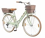 BIKESTAR Alu City Stadt Fahrrad 28 Zoll | 18 Zoll Rahmen, 7 Gang Shimano Damen Rad, Hollandrad Retro Bike mit V-Bremse und Gepäckträger | Mint | Risikofrei Testen