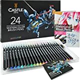 Castle Art Supplies Aquarell-Pinselstiftset | 24 lebendige Farben, mit flexiblen Nylonspitzen | Malen, Zeichnen, Lettering für erfahrene Künstler und Anfänger | Reiseetui mit extra Wasserpinsel Stift