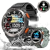 Smartwatch Herren mit Telefonfunktion, 1,45" 3ATM Wasserdicht Militär Smartwatch mit LED Taschenlampe, Robuste Outdoor Uhren mit Kompass, Höhe, Barometer, 24H Gesundheits-Screening für Android iOS