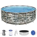 Bestway Power Steel™ Frame Pool, 427 x 122 cm, Komplett-Set mit Filterpumpe, rund, Stein-Optik