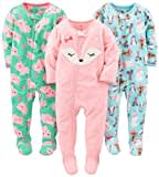 Simple Joys by Carter's Baby-Mädchen 3-Pack Loose Fit Flame Resistant Fleece Footed Pajamas Schlafstrampler, Blau Pinguin/Grün Schweinchen/Rosa Fuchs, 18 Monate (3er Pack)