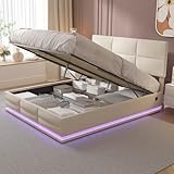 Doppelbett Polsterbett 140x200, LED Hydraulisch Stauraumbett Funktionsbett mit Großer Stauraum&Aufladen USB, Bett Jugendbett Bettgestell mit Verstellbares Kopfteil&Lattenrost, Samt,Ohne Matratze,Beige