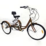 DIFU Erwachsenen Fahrrad, 3 Rad 24'' Dreirad Fahrrad Gold Erwachsenen Dreirad Senioren Tricycle Erwachsenen 6-Gang mit Korb Einkaufskorb(Gold)