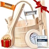 WASSERFELD® Sauna Eimer Set (4 Liter) - Hochwertiger Sauna Eimer mit Kelle, Sanduhr, Thermo- & Hygrometer - Hitzebeständiger Saunakübel 4L inkl. Einsatz & Hanftrageseil - Sauna Zubehör Set