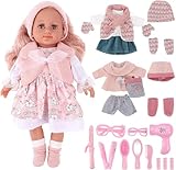 deAO Babypuppen-Spielset, Kleid Spiel Set für 36cm Puppe mit 3 Outfits und Puppenzubehör zum Kämmen und Frisieren, Puppe mit Langen Rosa Haaren Tolles Rollenspiel-Spielzeug für Kinder