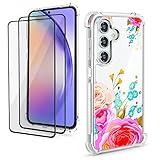 TOPNOW Für Samsung Galaxy A54 5G Handyhülle, Design mit Stoßfeste Ecke und Exquisites Muster, mit 2 Pack Panzerglas Displayschutzfolie, Slim TPU Bumper Schutzhülle für Galaxy A54-Rosa Blumen