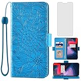 Kompatibel mit OnePlus 6 Wallet Case Gehärtetes Glas Displayschutzfolie Kartenhalter Leder Flip Cell Zubehör Handyhülle für OnePlus6 A6000 One Plus6 1 Plus 1plus Six One+ 1+ 6 Frauen Herren Blau