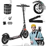 Cityroller Tretroller Erwachsene 150 kg Tragkraft, City Roller Kinder 200mm Big Wheel Scooter mit Bremsen und Stoßdämpfern, Kickboard Klappbar & Höhenverstellbar, Schwarz