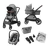 Maxi-Cosi Zelia S Trio Kinderwagen 3 in 1 Komplettset, 0-4 Jahre, bis 22 kg, Zusammenklappbar, Kompakt, Verstellbarer Baby Kinderwagen, mit CabrioFix S i-Size Babyschale, Zubehör, Wickeltasche, Grau