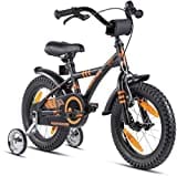 PROMETHEUS BICYCLES Kinderfahrrad 14 Zoll ab 4 Jahren - Kinder Fahrrad Mädchen Jungen Fahrrad Kinder mit Stützräder Rücktrittbremse in Schwarz Matt Orange