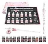 XIAOYU Glas Dip Pen Ink Set, 16 Stück Kalligraphie-Stifte-Set – 12 bunte Tinten, Stifthalter, Reinigungsbecher, 2 Kristallglasstifte für Kunst, Schreiben, Zeichnen, Unterschrift – Pink