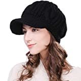 Comhats SIGGI Damen gestrickte Barett Mütze Dicke Strickmütze Frauen mit Visor Baskenmütze Schirmmütze Schwarz