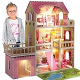 Kinderplay Puppenhaus Holz Gross, Puppenvilla - Barbie Traumvilla, Barbie Puppenhaus, Led - Licht und Zubehör, Set 90 cm Hoch mit Terrasse, Garage, GS0020