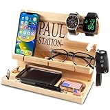 GRETAOTO Personalisiert Holz Dockingstation für Handy, Tablet, Geldbörse, Gadgets, Uhr, Schlüssel, Accessories, Ablage für Arbeitstisch, Nachttisch,Geschenke für Männer (Beige)