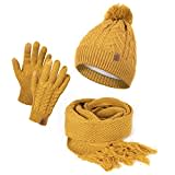 HEYO Damen Mütze Schal Winter Set | Gefütterte Strickmütze mit Bommel | Winterschal mit Fransen | Touchscreen Handschuhe (Senfgelb)