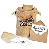 Geschenkepost Postsack mit 12 Briefumschlägen für Geldgeschenk oder Gutscheine, ein Beutel bedruckt aus Jute, 12 Umschläge aus Kraftpapier, Selbstklebend, inkl. 12 Kärtchen