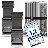 Travely® Premium Koffergurt - Besonders Auffällig & Sicher - Inkl. 2 Namensschildern - Gepäckband ideal über Kreuz - [2er Set] - Schwarz