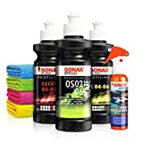 Politur Set: Sonax ExCut 05-05 + Ex 04-06 + OS 02-06 (je 250ml) + Sonax Ceramic Spray Versiegelung - Zur starken Defektkorrektur und maximalen Hochglanz - Auto polieren | 8-teilig