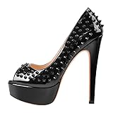 blingqueen Peeptoe Pumps Damen Plateau Stiletto High Heels Runde Zehen Elegante Damenschuhe Lack Schwarz mit Nieten 42 EU