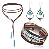 JeweBella Boho Schmuck Set Damen Vintage Bohemian Türkis Anhänger Halskette Boho Türkis Anhänger Ohrringe Türkis Armband Manschette Indianer Schmuck Vintage Türkis Schmuck Boho Weste Schmuck Damen