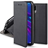 Moozy Hülle Flip Case für Huawei Y6 2019, Schwarz - Dünne Magnetische Klapphülle Handyhülle mit Kartenfach und Standfunktion