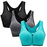 Zoerea Sports BH Damen Push Up Zip Front, 3er Pack Impact Yoga Bra, Gr.-XL: Fit 85D 90A 90B 90C 90D, Schwarz,grau und Grün