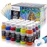 Artecho Acrylfarben Set 24 x 59ml mit 10-teiligem Pinsel, Acrylfarben Wasserfest und Lichtecht, Ungiftig, Acrylic Paint Set, Ideal für Leinwand, Papier und Stoffe, Geeignet für Anfänger und Profis