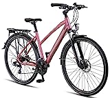 Licorne Bike Premium Touring Trekking Bike in 28 Zoll Aluminium Scheibenbremse Fahrrad für Jungen, Mädchen, Damen und Herren - 21 Gang-Schaltung - Mountainbike - Crossbike (Damen, Rosa)