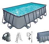 Summer Waves Frame Pool Komplettset | Rechteckig 549x274x132 cm Grau | Aufstellpool Set | Gartenpool & Schwimmbecken inkl. Sandfilterpumpe, Bodenvlies, Abdeckplane & Einstiegsleiter