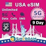 USA Prepaid eSIM-Karte|Unbegrenzte 5G/4G-Daten in den USA (einschließlich Hawaii)+Low-Speed-Daten in Kanada und MX|Unbegrenzte Anrufe und SMS zwischen den USA, CA und MX|Wiederaufladbar (9 Tage)