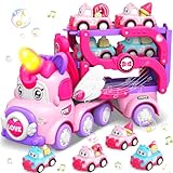 Pourbibi Auto Spielzeug ab 2 Jahre Mädchen, Autotransporter LKW Spielzeug mit Licht und Musik, Kinderspielzeug ab 1 2 3 4 5 Jahre - Geburtstag Weihnachten Einhorn Geschenke für Mädchen