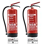 2 Pulver-Feuerlöscher – Protex PDE 6 Pulverfeuerlöscher – 6 kg - für die Brandklassen ABC – Zertifiziert nach DIN EN 3 und CE – je 9,5 kg – mit praktischer Halterung – mit Prüfplakette - Made in EU