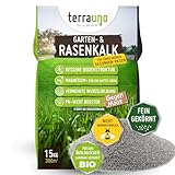 Terrauno - Rasenkalk für den Herbst gegen Moos & Unkraut I 15 kg Gartenkalk für 300 m² I Rasenkalk Frühjahr & Herbst - Feines Granulat & schnelle Wirkung I Tierfreundlich & Streuwagen geeignet