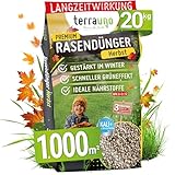 TerraUno Premium Herbstdünger Rasen, Rasendünger Herbst mit 100 Tage Langzeitwirkung, 20 kg für 1000 m², Sofortwirkung, gesunder Rasen verdrängt Moos & Unkraut, Herbstrasendünger, extra starkes Grün