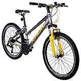 KRON XC 75 Kinder Mountain Bike 24 Zoll ab 8-9 Jahre | Aluminium MTB Fahrrad 21 Gang, V-Bremse, 13 Zoll Rahmen, Silber Gelb