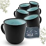 Steingut Kaffeetassen 6 Pers. Ibiza Hochwertiges Mediterranes TEST SEHR GUT Tassen Set, Spülmaschinen-, Mikrowellen- und Kratzfest - Stylisches Tee- und Kaffeebecher Set - Pure Living in Petrol