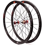 700c Rennrad-Laufradsatz Rennrad Laufrad Doppelwandige Felgen 40mm 8-11 Geschwindigkeit Kassette Kohlefaser-Nabe Schnellspannrad Felgenbremse 1900g (Color : Red hub, Size : 700C)