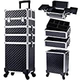 Kosmetikkoffer Trolley 4-in-1 Kosmetikkoffer Groß Kosmetik Trolley Make up Koffer Schminkkoffer mit Rollen Friseurkoffer Alu Beauty Case Nagelkoffer Multikoffer, Schwarz