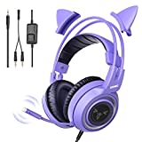 Somic G951S Violett Gaming Headset mit Mikrofon, Mädchen, Frauen Abnehmbarer Cat-Ear-Kopfhörer mit Lautstärkeregler für Xbox One, PS4-3,5-mm-Buchse