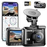 AZDOME Dashcam Auto Vorne Hinten 4K/2,5K GPS WiFi Dash Cam Auto mit 64GB SD Karte, Dual Auto Kamera, Parküberwachung, Super Nachtsicht, WDR, 170° Weitwinkel, G-Sensor, Loop-Aufnahme, GS63H Pro