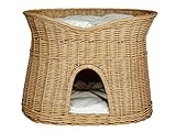 Katzenkorb zum Schlafen – Katzenhütte Indoor – Größe XL: 70 cm oval – Katzenhöhle aus Weide – Zweistöckiger Hunde – oder Katzenbett mit waschbaren Kissen in Ecru – Natürliche Korbfarbe